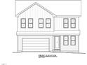 A line drawing showing the front elevation of a 2-story home with a two car garage and front door at 633 Conover Rd, Durham, NC 27703