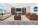 Bright living room with neutral colors, stylish furnishings, and large windows at 4601 Okeechobee Ct, Fuquay Varina, NC 27526