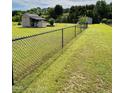 Fenced backyard featuring green grass and multiple storage buildings, offering privacy and functionality at 59 Long Grass Dr, Smithfield, NC 27577