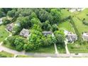 Expansive aerial view of a beautiful neighborhood, highlighting lush greenery and generous lot sizes with mature trees at 5916 Two Pines Trl, Wake Forest, NC 27587