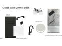 Black bathroom fixtures, including a Hunt cabinet, Bianco Venatino Quartz, and Gray Owl OC-52 paint at 1017 Azalea Garden Cir, Raleigh, NC 27603