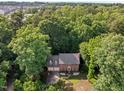 Aerial shot of a brick home surrounded by lush greenery and mature trees in a serene neighborhood at 1013 New Chester Ct, Apex, NC 27502