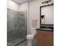 Modern bathroom featuring a tiled shower and wood vanity at 1038 Zelkova Ln, Chapel Hill, NC 27517