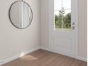 Bright entryway featuring wood floors, white door with window, and decorative mirror at 1038 Zelkova Ln, Chapel Hill, NC 27517