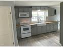This kitchen features gray cabinets, a white farmhouse sink, butcher block counters and stainless steel appliances at 65 Prospect Church Rd, Erwin, NC 28339