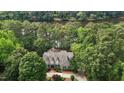 Stunning aerial view of a secluded home surrounded by lush trees and a serene lake, offering privacy at 1009 Bearglades Ln, Raleigh, NC 27615