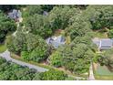 An aerial view of a beautiful home surrounded by lush, mature trees, offering a private setting at 9900 Two Robins Ct, Raleigh, NC 27613
