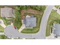 Aerial view of a property showcasing the home's layout, surrounding landscape, and driveway at 10 Stillwood Ct, Clayton, NC 27520