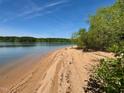 Scenic view of the lake with a sandy beach and lush greenery along the shoreline under a blue sky at 96 Holly Cir, Henderson, NC 27537