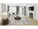 Bright and open living room with fireplace, large windows, and stylish decor at 2010 Kapalua Way # 192, Durham, NC 27703