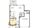 Detailed first floor plan featuring kitchen, dining area, Gathering room, study, entry, powder room, and a two-car garage at 13 Cozy Hvn, Fuquay Varina, NC 27526