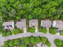 High-angle aerial view showcases homes with manicured lawns and lush green trees in a quiet neighborhood at 205 Slate Blue Pl, Cary, NC 27519