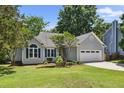 Inviting one-story house with gray siding, well-maintained lawn, mature trees and a two-car garage at 6 Danesfield Ct, Durham, NC 27707