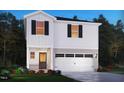 Rendering of a two-story home, showcasing its white exterior, black shutters, and landscaped front yard at 841 Ottawa Dr, Garner, NC 27529