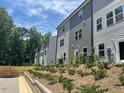 Exterior view showcases the back of the townhomes with gray siding and green space between units at 1924 Fishamble # 23, Fuquay Varina, NC 27526