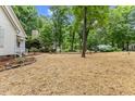 Spacious, landscaped side yard featuring mature trees, pine straw ground cover, and classic white picket fence at 702 Sanderson Dr, Durham, NC 27704