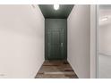 View of the foyer entry way with a wooden floor and dark green door with a dark green ceiling at 1401 Justice Union Ct, Raleigh, NC 27604