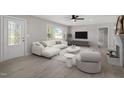 Bright living room featuring a modern white sofa, ceiling fan, neutral tones and lots of natural light at 2003 Broadway Rd, Sanford, NC 27332