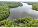 Aerial view of home secluded in a vibrant forest, featuring a tranquil lake view in the distance at 343 Lakewood Pointe Dr, Roxboro, NC 27574