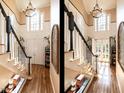 Grand foyer with hardwood floors, staircase, large windows, and transom flooding the space with natural light at 4716 Shadow Ridge Ct, Holly Springs, NC 27540