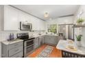 Charming kitchen with stainless steel appliances, light gray cabinets, and marble countertops at 821 Onslow St, Durham, NC 27705