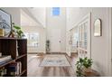 Bright foyer featuring a high ceiling, hardwood floors, and a stylish area rug at 2636 Nordmann Fir Rd, Raleigh, NC 27616