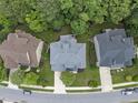 Overhead shot of a beautiful home with a manicured lawn and mature trees offering privacy at 106 Painted Turtle Ln, Cary, NC 27519