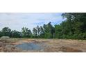 New home construction site shows the foundation, utilities, and a wooded lot under a blue sky at 145 Caspian Ct, Lillington, NC 27546