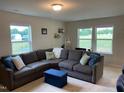 Cozy living room with a plush gray sectional sofa and bright, natural lighting at 4097 Cordiality Church Rd, Nashville, NC 27856