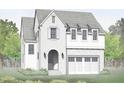 Charming home exterior featuring an arched entryway, dormer windows, and attached garage at 6505 Burnette Flower Way, Raleigh, NC 27612