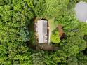 Aerial shot of a private residence with lush green surroundings, a gray roof, and an expansive tree canopy at 221 Jansmith Ln, Raleigh, NC 27615