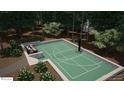 An elevated view of the sport court featuring an outdoor seating area, landscaping and mature tree backdrop at 1132 Wimbleton Dr, Raleigh, NC 27609