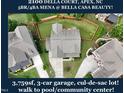 An aerial view highlights the home's roof, yard, and driveway and it's location in the neighborhood at 2100 Della Ct, Apex, NC 27502