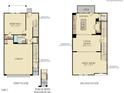 Detailed floor plan showcasing the layout of the first and second floors of the home design, including the kitchen and garage at 215 Carova Bnd, Apex, NC 27539