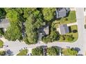 A top-down aerial view shows the home and other homes in the neighborhood, surrounded by green lawns and trees at 4213 Stoneford Trace Dr, Raleigh, NC 27616