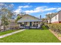 Charming bungalow with a well-manicured lawn, inviting front porch and a blue front door at 602 Dunbar St, Durham, NC 27701