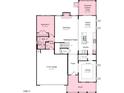 Open-concept first floor plan featuring a kitchen, dining area, gathering room, and 2-car garage at 607 Contento Ct, Sanford, NC 27330