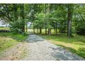 Gravel driveway leading to a charming home surrounded by mature trees and lush greenery at 7030 Stockard Rd, Snow Camp, NC 27349