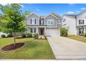 Charming two-story home with gray siding, stone accents, manicured lawn, and an inviting two-car garage at 4508 Valley Crest Ln, Fuquay Varina, NC 27526