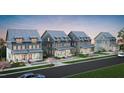 Street view of new construction townhomes with charming exterior finishes, welcoming front porches and blooming trees at 2940 C Chapel Hill Road, Durham, NC 27707