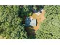 An aerial view of a home with a metal roof nestled in mature trees and featuring an expansive yard at 7849 Circle L Trl, Rougemont, NC 27572