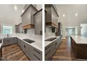 Modern kitchen showcasing gray cabinets, stainless steel appliances, white subway tile backsplash, and a spacious center island at 35 Big Bear Dr, Pittsboro, NC 27312