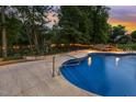 Backyard pool with stone patio, metal fence, and string lights for an evening swim overlooking the trees at 825 Highwater Pl, Fuquay Varina, NC 27526