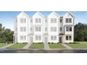 Rendering of townhouses with clean white siding, dark window trim, and a neatly landscaped yard at 1532 Crescent Townes Way, Raleigh, NC 27604