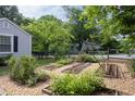 Landscaped garden area with gravel and raised beds with wooden frames at 2423 Farthing St, Durham, NC 27704