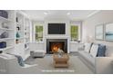 Comfortable living room with a fireplace, built-in bookshelves, and plush seating at 6605 Huntingridge Rd, Chapel Hill, NC 27517