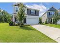 Beautiful two-story home with a lush green lawn and a gray and light gray exterior and a two-car garage at 114 Forest Meadow Ct, Garner, NC 27529