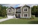 Two-story home with grey siding, a white garage door, and an inviting front porch and manicured lawn at 183 Yellow River Way, Garner, NC 27529