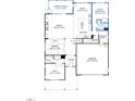 Open-concept first floor plan featuring a living area, kitchen, dining area, flex space, and two-car garage at 2219 Yumeewarra Dr, Apex, NC 27502