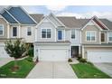 Inviting townhouse showcasing colorful exteriors, a two-car garage, and manicured lawns at 9 Moss Side Ter, Durham, NC 27703